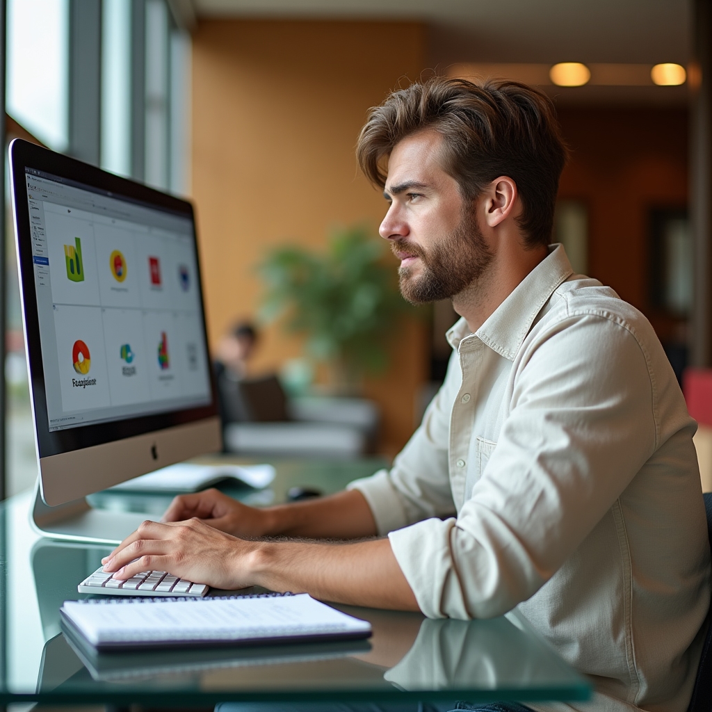 Designer care analizează un proiect pe laptop, în lumină naturală
