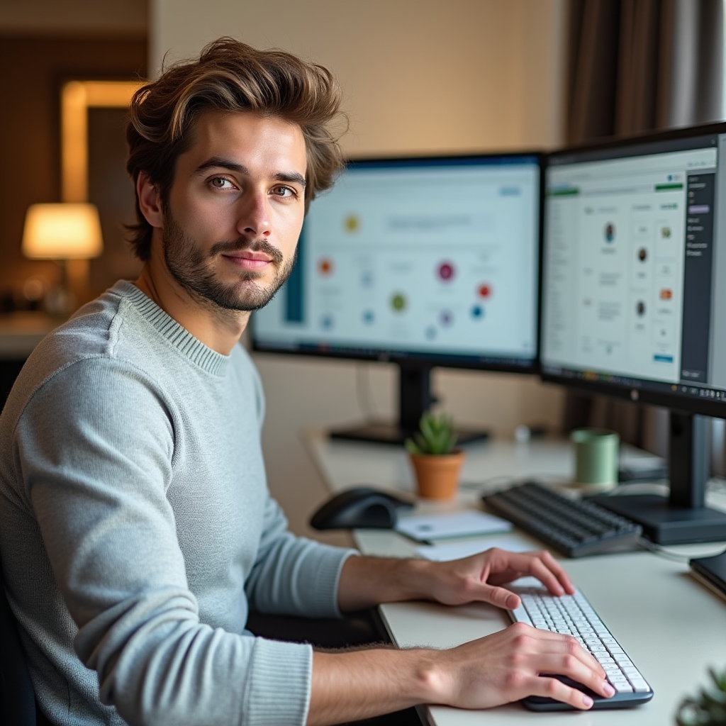 Freelancer creativ cu mai multe ecrane, gestionând proiecte simultane