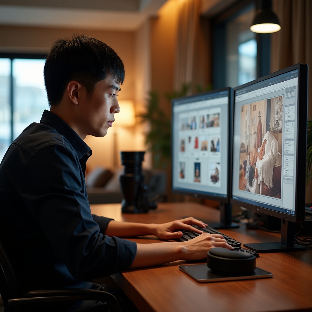 Fotograf care selectează fotografii pe un monitor calibrat în studio